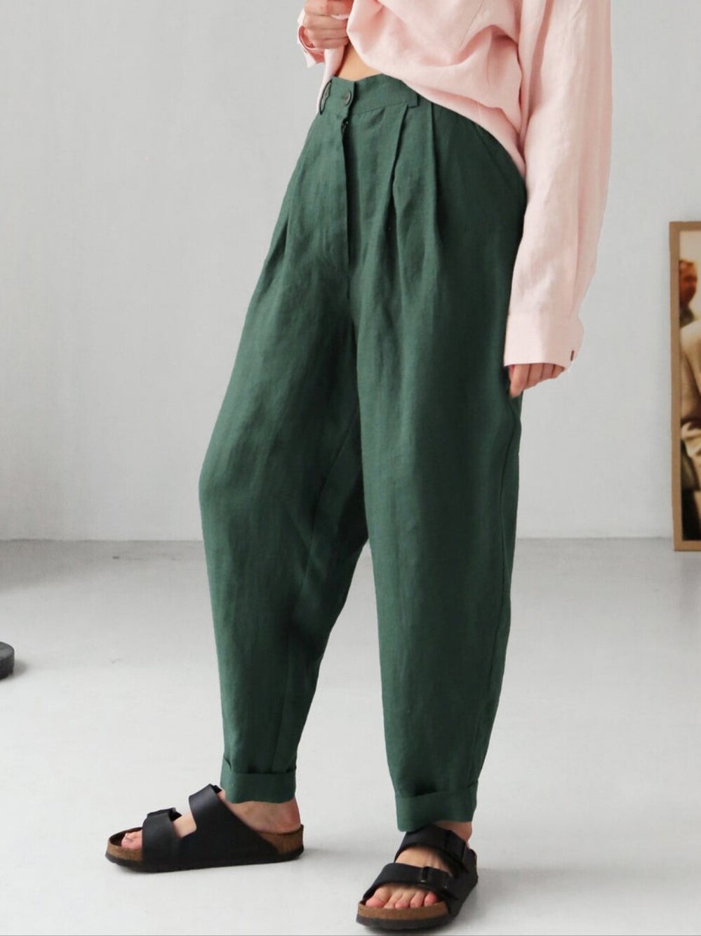Zara Linen Blend Relaxed Fit Pleated High Waist Balloon Pants in Forest Green L
